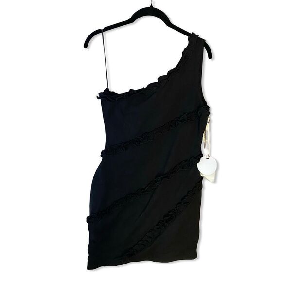 NWT MORE TO COME Camila One Shoulder Dress black mini ruffle trim Revolve M - Picture 6 of 12